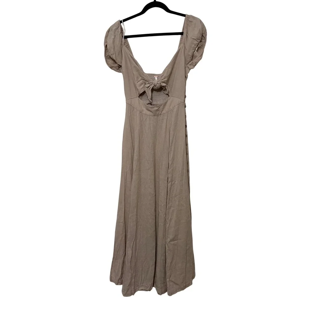 Free People Tan Tie Front Cutout Puff Sleeve Midi Dress Womens‎ XS